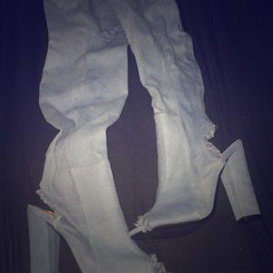 Thigh high distressed denim heels
